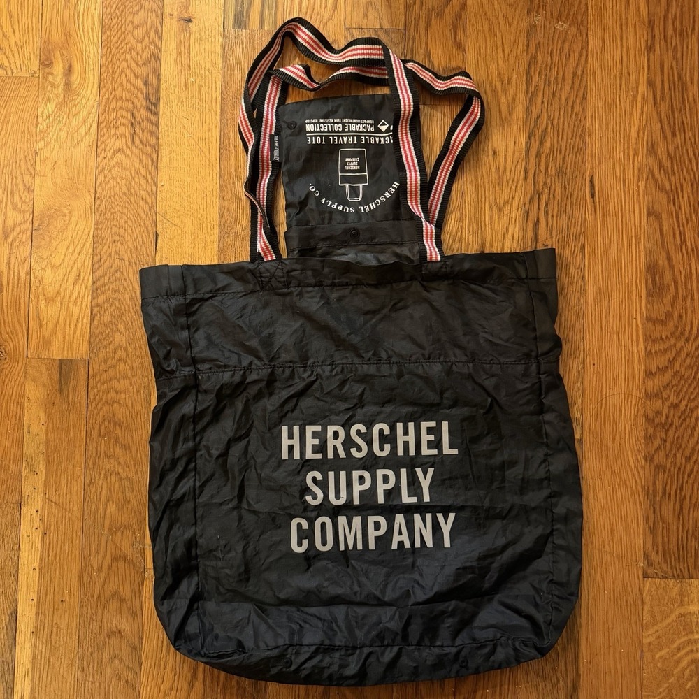Herschel Reuseable Packable Tote Bag‎ Red Black Striped Handle